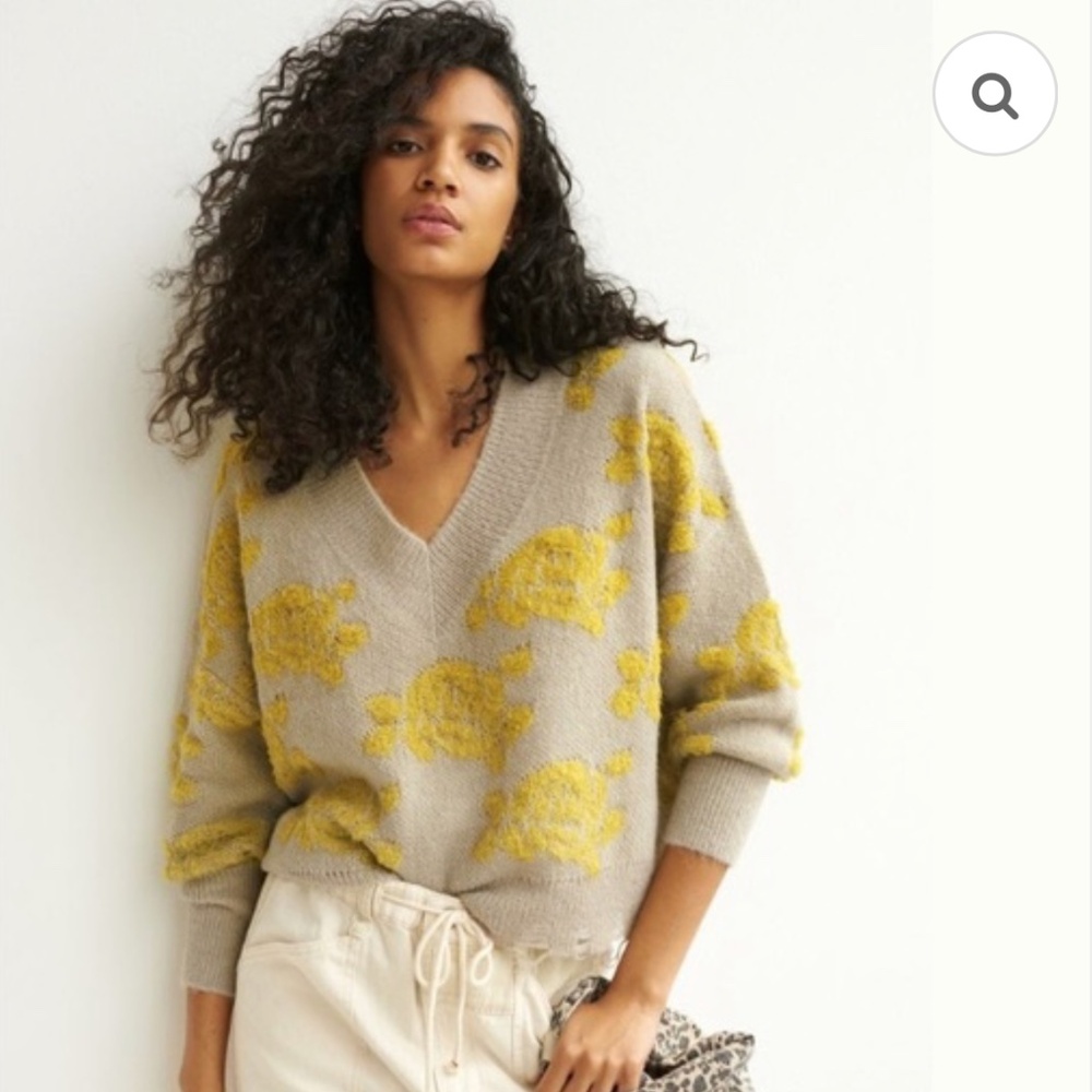 Anthropologie Lucila Sweater Citron Floral Distressed